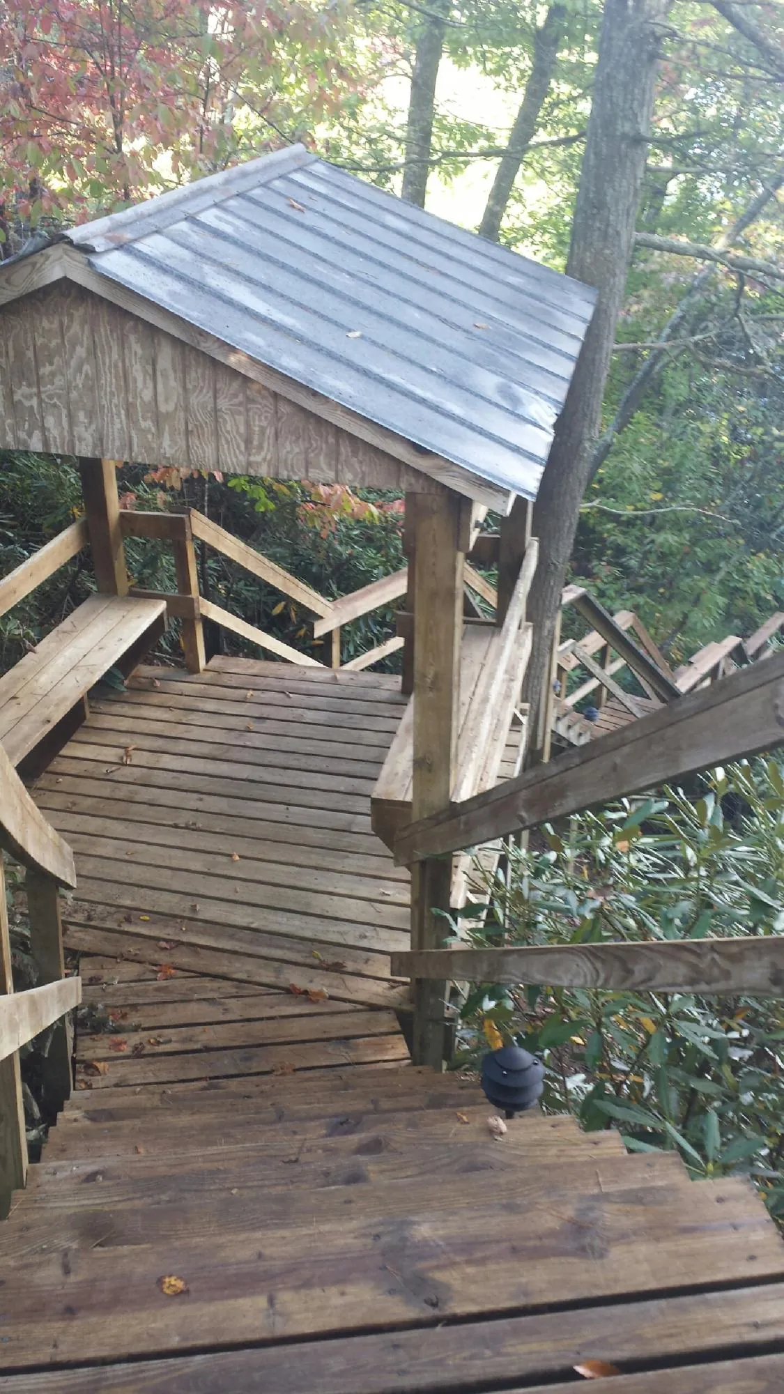 Metal roofed shelter over wooden steps on a wooded walkway — Skylight Repair & Installation work by our crew in Bretton Woods